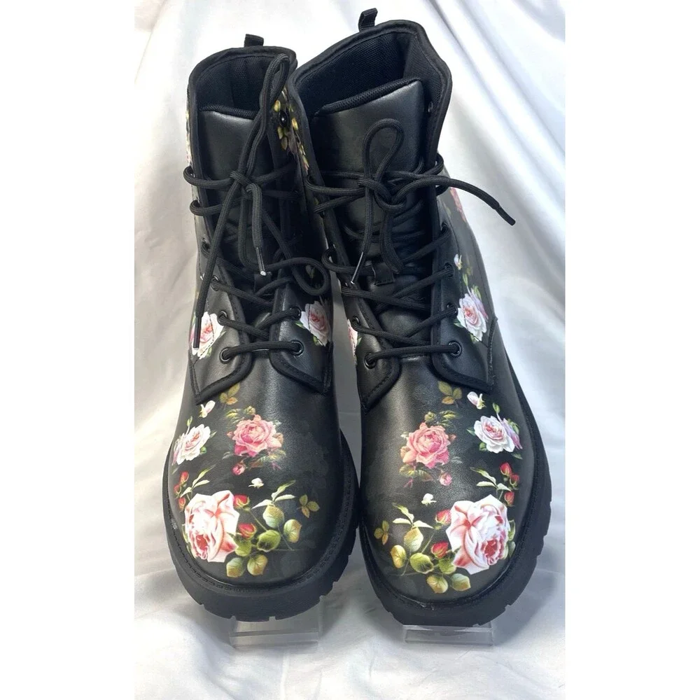Unbranded Men's US 12 EU 46 Black Floral Design Ankle Combat Boots Lace-Up New
